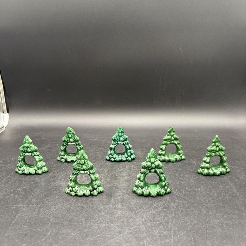 Christmas Tree Napkin Rings Ceramic MCM Vintage Set 7